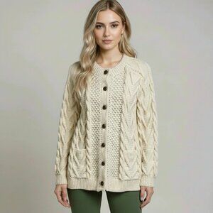 Quill's Woolen Market Cream 100% Wool Irish Fisherman Aran Cardigan Sweater
